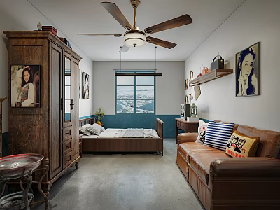 Cozy Hotel Guest Room With Wooden Wardrobe Bed Ceiling Fan Leather Sofa And Decorative Paintings 3d model