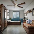 Cozy Hotel Guest Room With Wooden Wardrobe Bed Ceiling Fan Leather Sofa And Decorative Paintings
