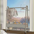 White Clothes Rack with Hanging Clothes and Shelf Items in Bright Room with Mountain View 3d model