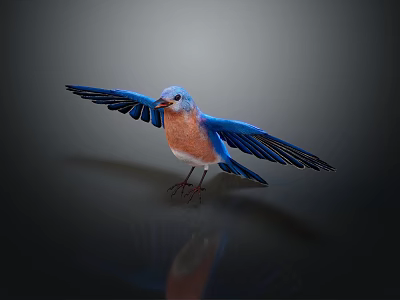 Vibrant Blue Bird With Spread Wings Perched On Reflective Surface 3d model