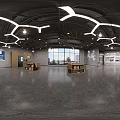 Modern Technology Company Lobby With Geometric Lighting Large Windows Wooden Bookshelves And Gray Reception Desk