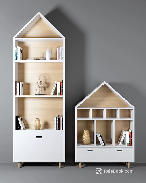 Modern Wooden Bookcases With House Shaped Design Open Shelves And Decorative Vases 3d model 