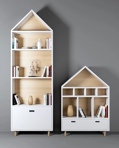Modern Wooden Bookcases With House Shaped Design Open Shelves And Decorative Vases 3d model