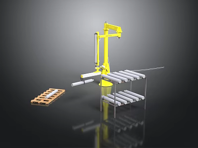 Yellow Robotic Arm System Handling Metal Tubes And Wooden Pallet 3d model