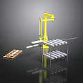 Yellow Robotic Arm System Handling Metal Tubes And Wooden Pallet