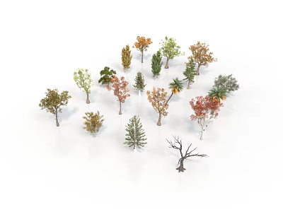 Collection of Various Plants with Green Orange Red Leaves and Bare Tree Models 3d model