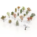 Collection of Various Plants with Green Orange Red Leaves and Bare Tree Models