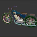 Vintage Blue Motorcycle With Brown Leather Seat Chrome Engine And Black Wheels
