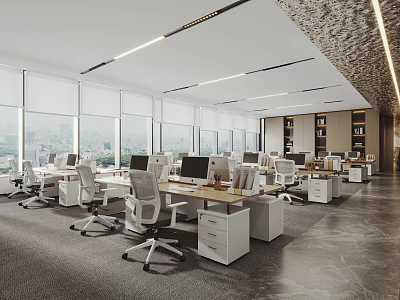 Modern Spacious Office Interior With Desks Ergonomic Chairs Large Windows And Bookshelves 3d model