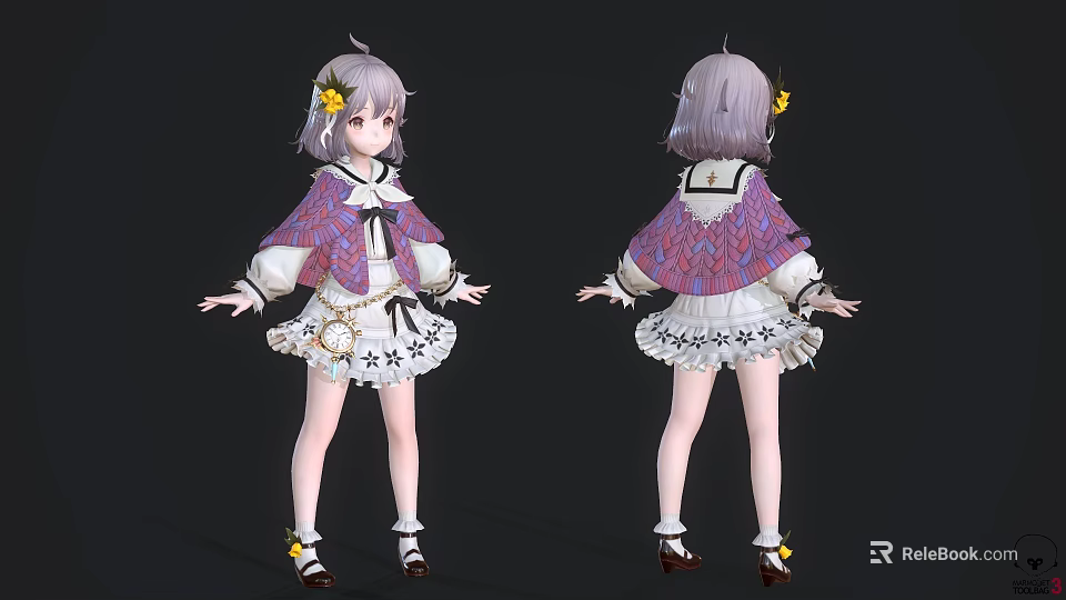 Anime Female Character With Lavender Hair Yellow Flower Accessories And Purple White Star Skirt 3d model 