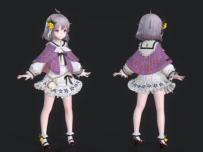 Anime Female Character With Lavender Hair Yellow Flower Accessories And Purple White Star Skirt 3d model