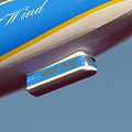Goodyear Airship With Blue And White Yellow Stripe Propellers Flying In Clear Blue Sky