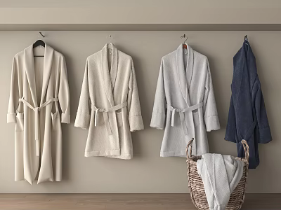 Cozy Bathrobes Hanging On Wall In Neutral And Dark Blue With Wicker Basket Holding Towels 3d model