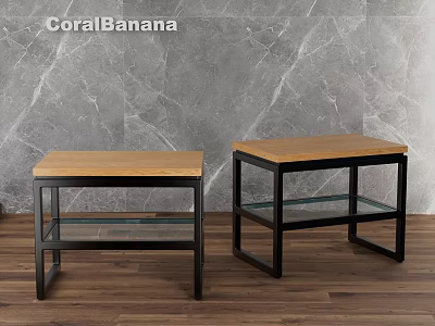 CoralBanana Console Tables And Side Cabinets With Wooden Top Black Metal Frame And Glass Shelf 3d model