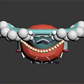 Traditional Peking Opera Character With Red Face Black Beard Blue Costume And White Pom Poms Headgear