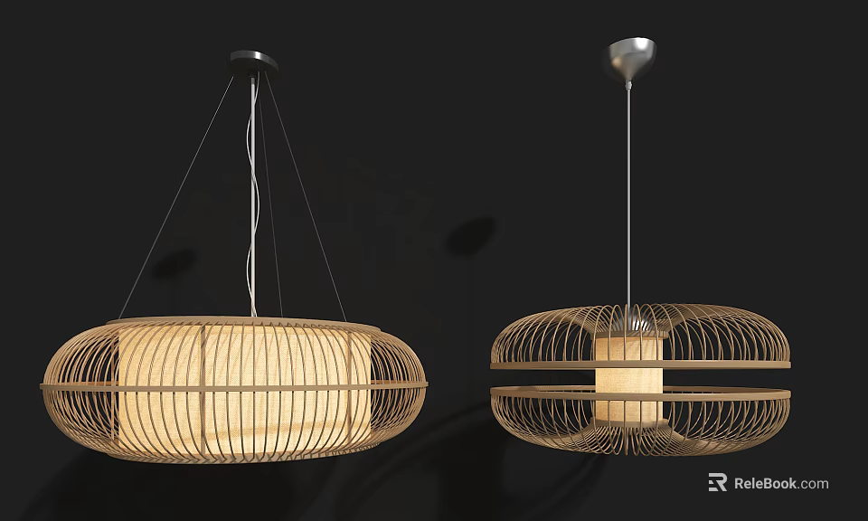Modern Pendant Lights with Bamboo Openwork Circular Shade Warm Glow Against Black Background 3d model 