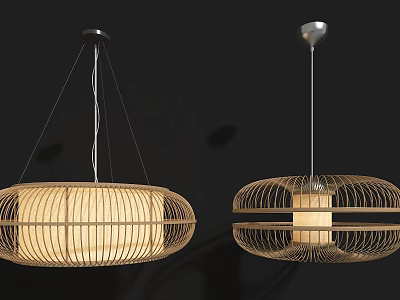 Modern Pendant Lights with Bamboo Openwork Circular Shade Warm Glow Against Black Background 3d model