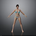 Woman In Blue And White Bikini Standing On Grey Background With Arms Outstretched