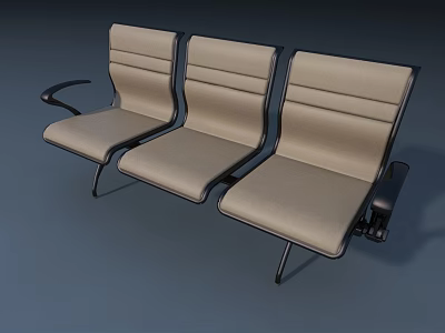 Public Seating With Three Connected Beige Fabric Chairs And Black Metal Frame 3d model