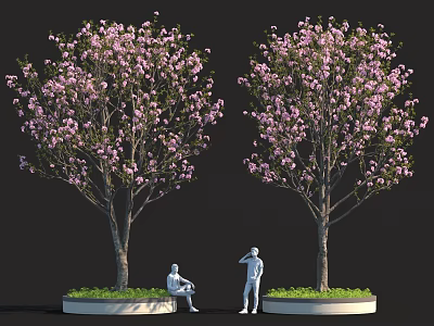Beautiful Blooming Trees with Pink Flowers and White Figures Sitting Standing in Outdoor Landscape 3d model