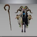 Fantasy Female Character With Ram Horns Long Hair Black Dress And Staff