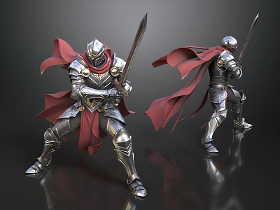Man in Shiny Metal Armor With Red Cape Holding Long Sword in Battle Stance 3d model