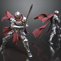 Man in Shiny Metal Armor With Red Cape Holding Long Sword in Battle Stance