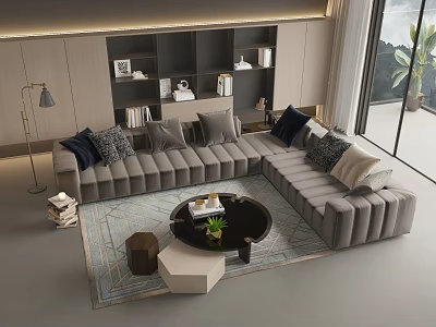Modern L Shaped Gray Sofa With Throw Pillows Round Coffee Table Set With Carpet And Floor Lamp 3d model