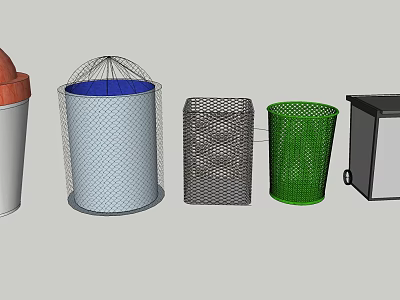 Public Trash Bins In Multiple Styles With Mesh Covers Colorful Bodies And Mobile Wheels 3d model