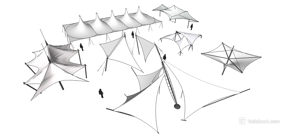 Tensile Membrane Structures With Various Shapes And Human Figures For Scale 3d model 