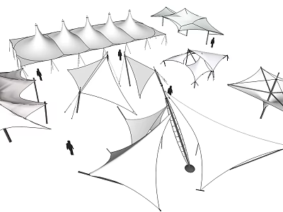 Tensile Membrane Structures With Various Shapes And Human Figures For Scale 3d model
