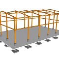 Steel Shed Structure with Dark Blue Roof Gray Walls Orange Support Columns and Concrete Base Foundation