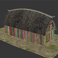 Traditional Wooden Building With Curved Gray Tile Roof And Red Edge Decoration
