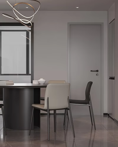 Modern Dining Living Room Interior Design With Round Table Chairs And Pendant Lighting 3d model