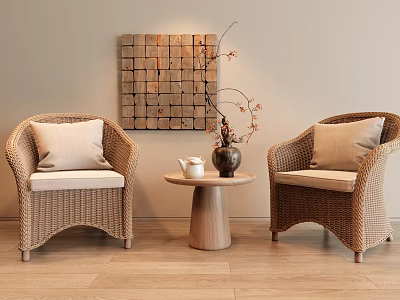 Two Wicker Leisure Chairs With Small Wooden Table Teapot Vase And Wood Block Wall Decor 3d model