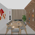 Modern Living Dining Space Interior With Sofa Long Table Chairs Bookshelves And Plant