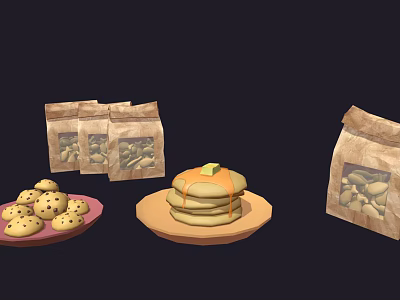 Delicious Homemade Cookies Pancakes With Butter On Plates And Paper Bags 3d model