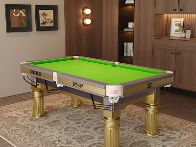 Elegant Green Felt Billiard Entertainment Table With Golden Legs Wooden Cabinets And Decorative Wall Art 3d model