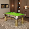 Elegant Green Felt Billiard Entertainment Table With Golden Legs Wooden Cabinets And Decorative Wall Art