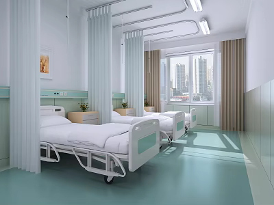 Bright Hospital Ward Interior With White Beds Curtains Window And City View 3d model