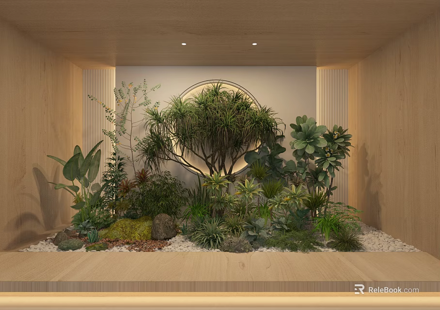Indoor Miniature Garden Design With Various Plants Circular Decor And Wooden Backdrop 3d model 