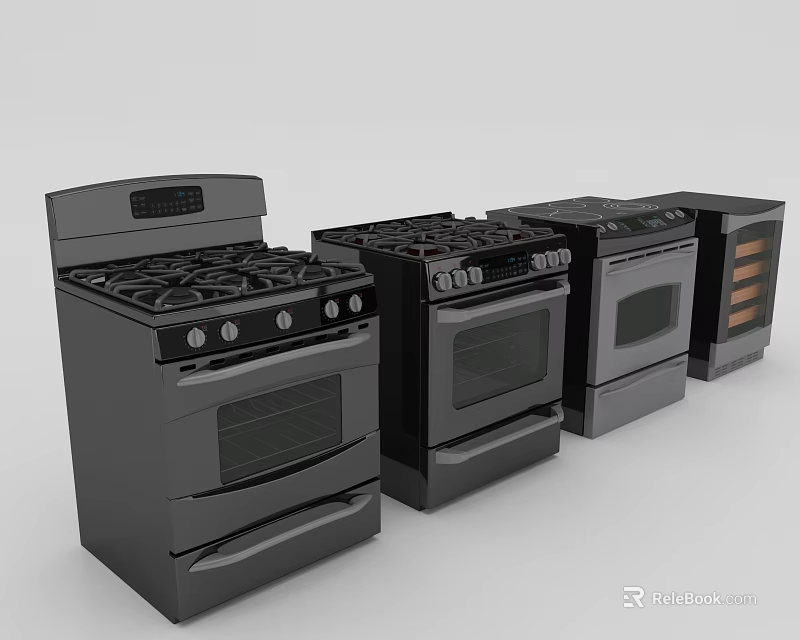 Black Modern Kitchen Appliances Featuring Assorted Stoves And Ovens For Home Kitchen 3d model 