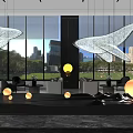 Modern Sales Office Interior Featuring Hanging Whale Sculptures Large Windows City View and Marble Floor