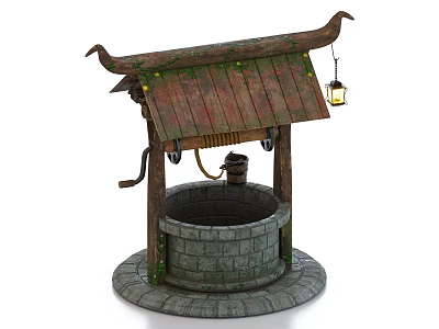 Ancient Architecture Traditional Stone Well With Wooden Roof And Hanging Lantern 3d model