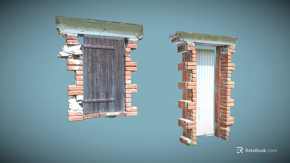 Weathered Entrance Gates With Red Brick Frames Green Top Edges Wooden And White Doors 3d model 