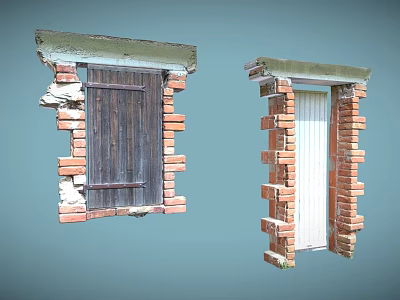Weathered Entrance Gates With Red Brick Frames Green Top Edges Wooden And White Doors 3d model