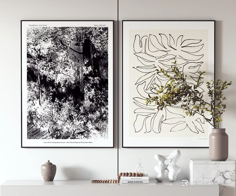 Stylish Interior Wall Art Decor With Black White Prints And Decorative Vase Sculpture 3d model 
