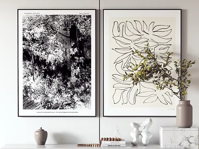 Stylish Interior Wall Art Decor With Black White Prints And Decorative Vase Sculpture 3d model