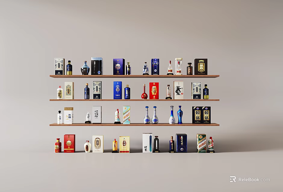Assorted Wine Bottles Displayed On Multi Layer Shelves In Neutral Space 3d model