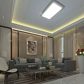 Modern Comfortable Living Room With Marble TV Wall Soft Sofas And Warm Stylish Ceiling Lighting
